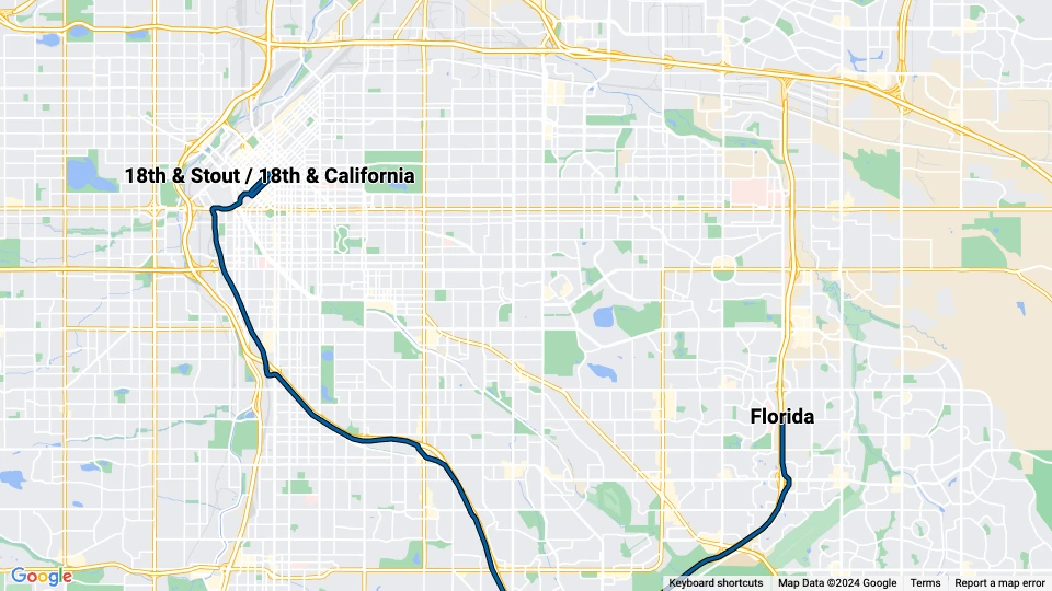 Denver sporvognslinje H: 18th & Stout / 18th & California - Florida linjekort