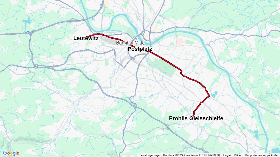 Dresden sporvognslinje 1: Leutewitz - Prohlis Gleisschleife linjekort