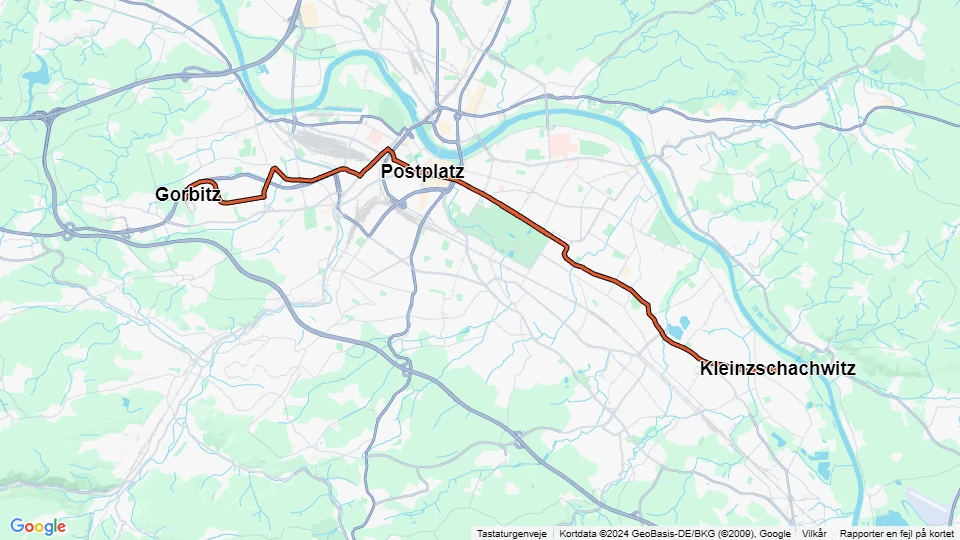 Dresden sporvognslinje 2: Kleinzschachwitz - Gorbitz linjekort