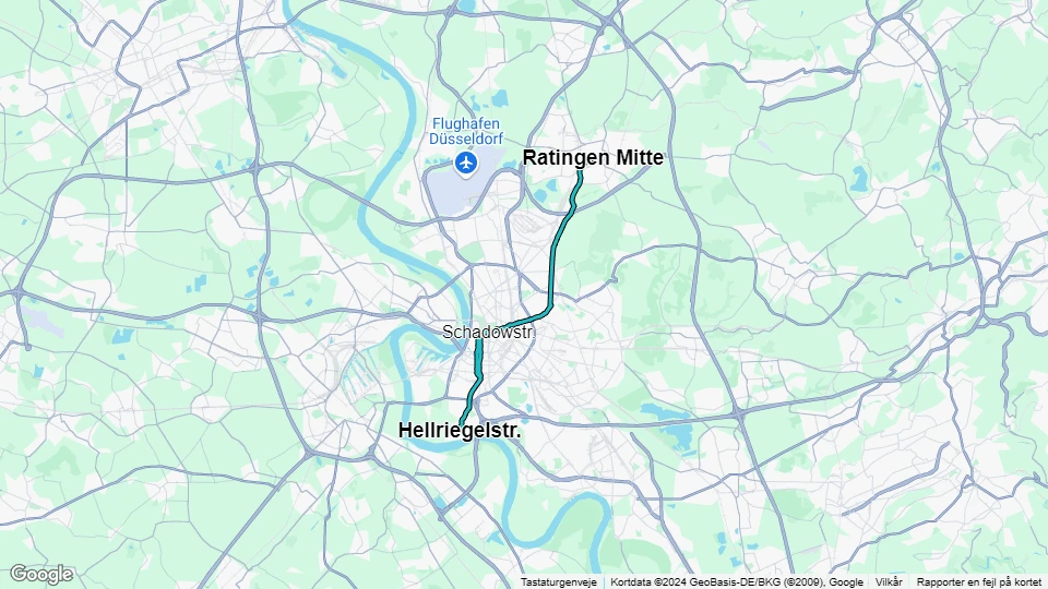 Düsseldorf regionallinje U72: Ratingen Mitte - Hellriegelstr. linjekort