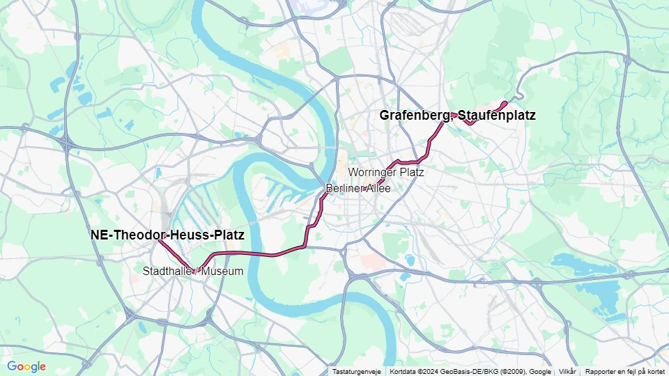 Düsseldorf sporvognslinje 709: Gerresheim, Krankenhaus - NE-Theodor-Heuss-Platz linjekort