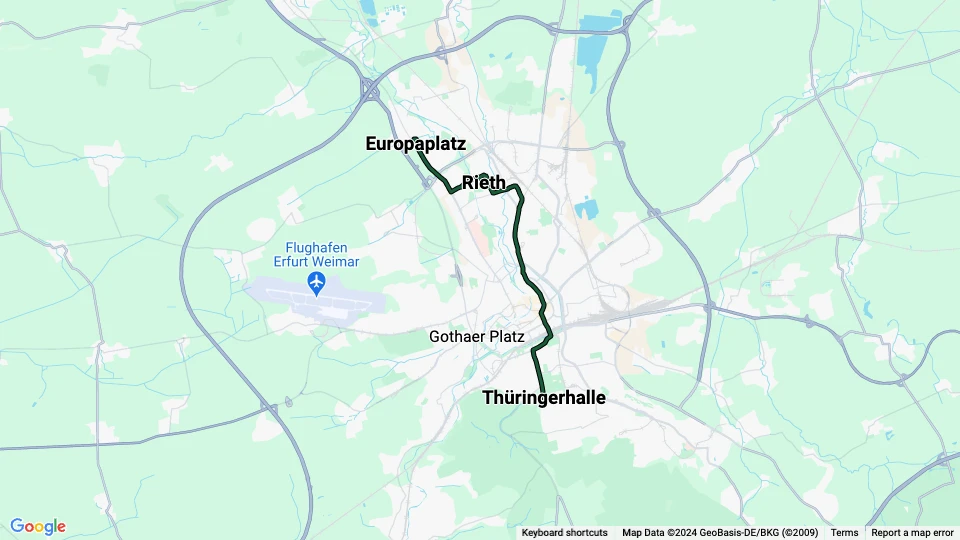 Erfurt sporvognslinje 1: Europaplatz - Thüringerhalle linjekort