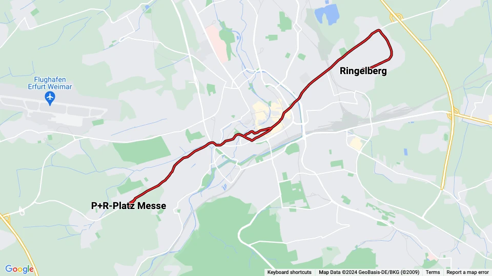 Erfurt sporvognslinje 2: P+R-Platz Messe - Ringelberg linjekort