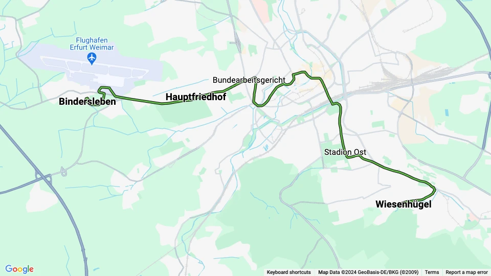 Erfurt sporvognslinje 4: Bindersleben - Wiesenhügel linjekort