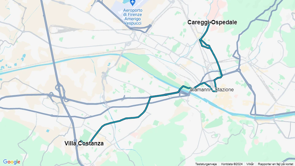 Firenze sporvognslinje T1: Careggi-Ospedale - Villa Costanza linjekort