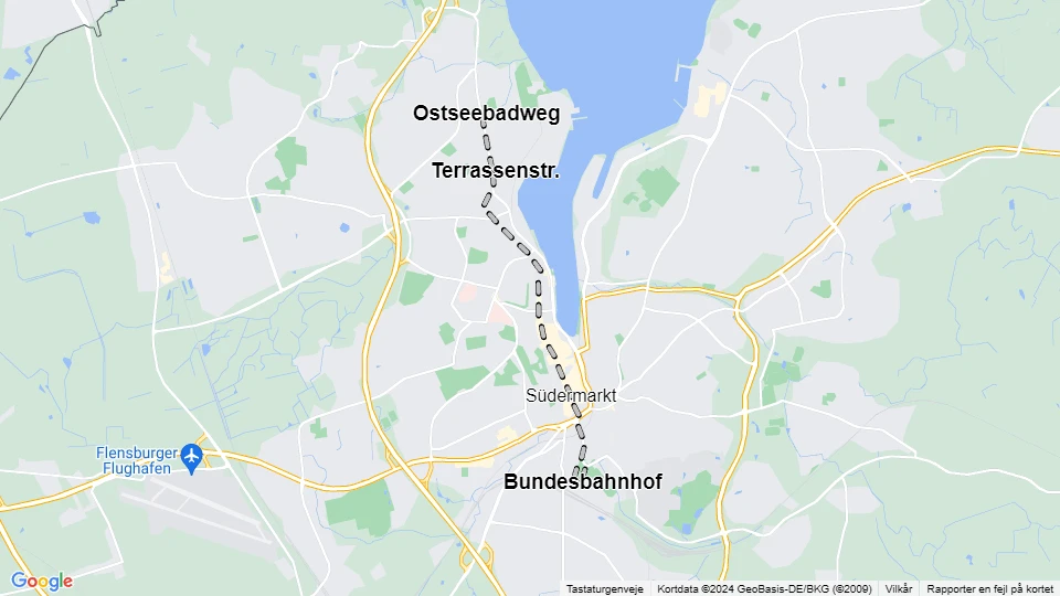 Flensborg sporvognslinje 1: Bundesbahnhof - Ostseebadweg linjekort