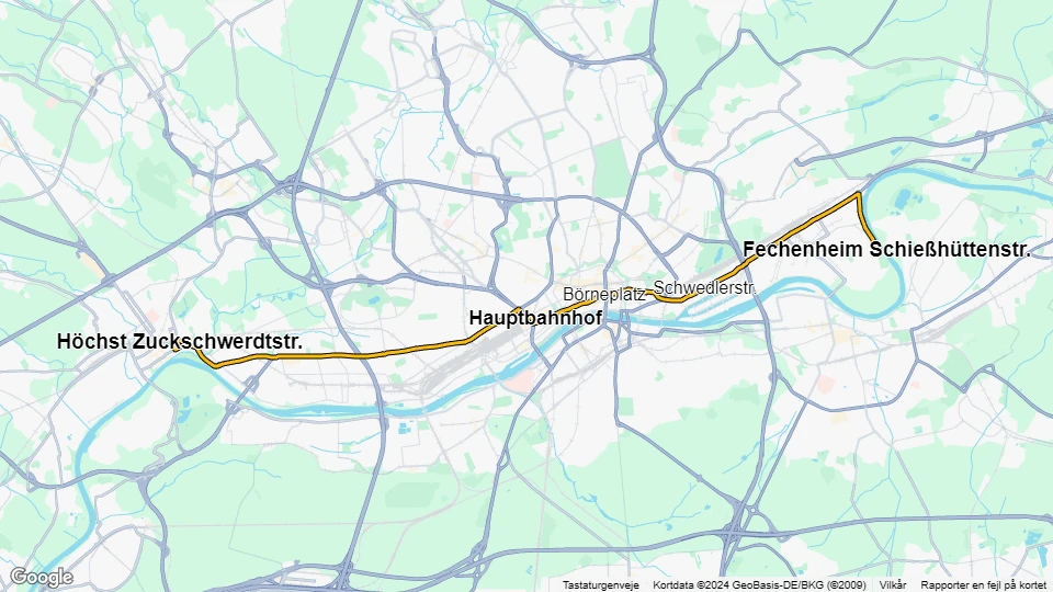 Frankfurt am Main sporvognslinje 11: Höchst Zuckschwerdtstr. - Fechenheim Schießhüttenstr. linjekort