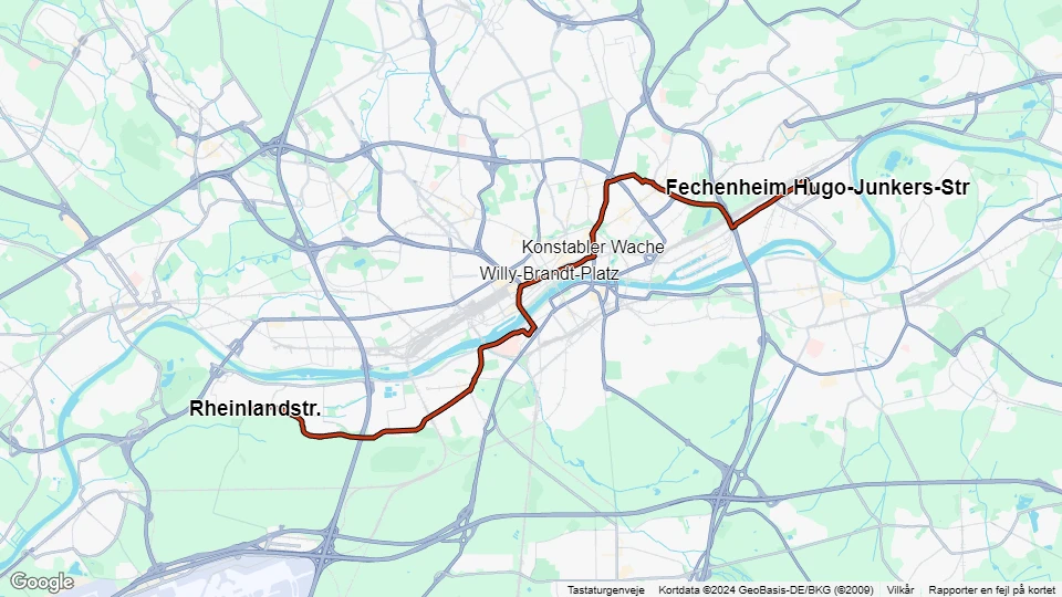 Frankfurt am Main sporvognslinje 12: Rheinlandstr. - Fechenheim Hugo-Junkers-Str linjekort