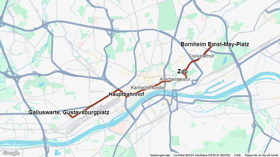 Frankfurt am Main sporvognslinje 14: Galluswarte, Gustavsburgplatz - Bornheim Ernst-May-Platz linjekort