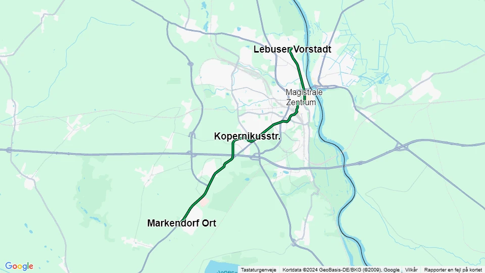 Frankfurt (Oder) sporvognslinje 4: Markendorf Ort - Lebuser Vorstadt linjekort