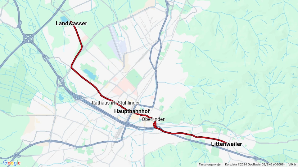 Freiburg im Breisgau sporvognslinje 1: Littenweiler - Landwasser linjekort