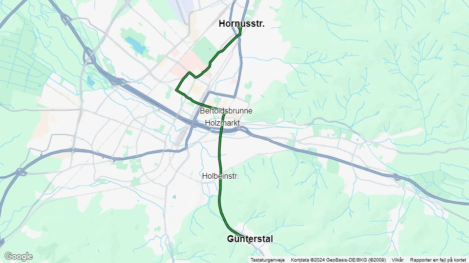 Freiburg im Breisgau sporvognslinje 2: Hornusstr. - Günterstal linjekort