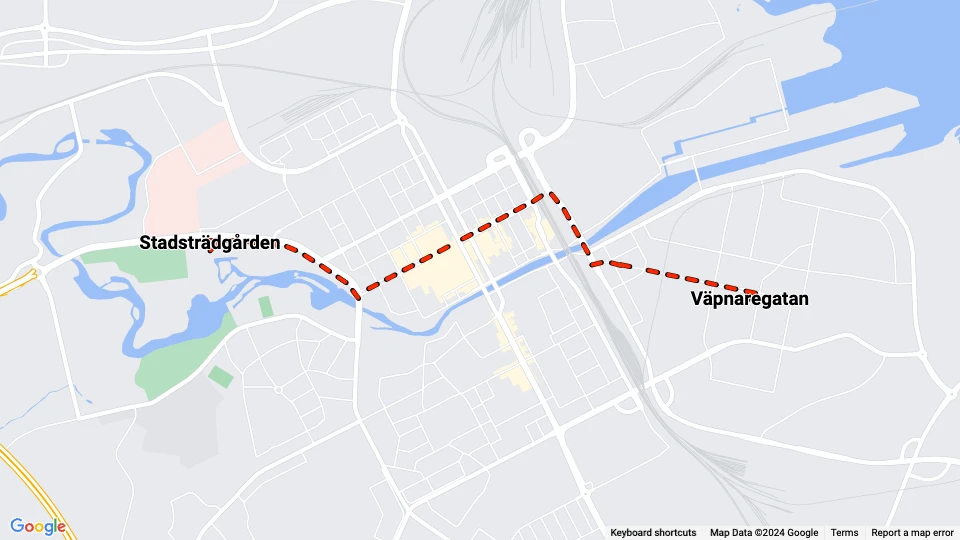 Gävle sporvognslinje Rød: Väpnaregatan - Stadsträdgården linjekort