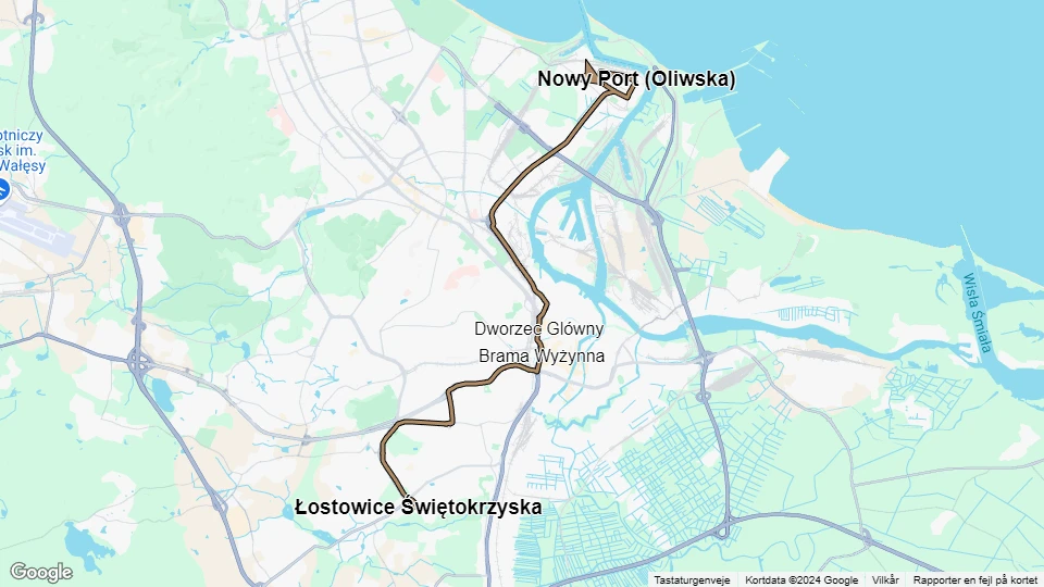 Gdańsk ekstralinje 7: Łostowice Świętokrzyska - Nowy Port (Oliwska) linjekort