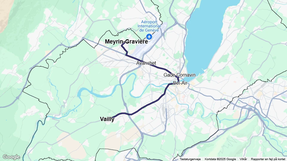 Geneve sporvognslinje 14: Vailly - Meyrin-Gravière linjekort