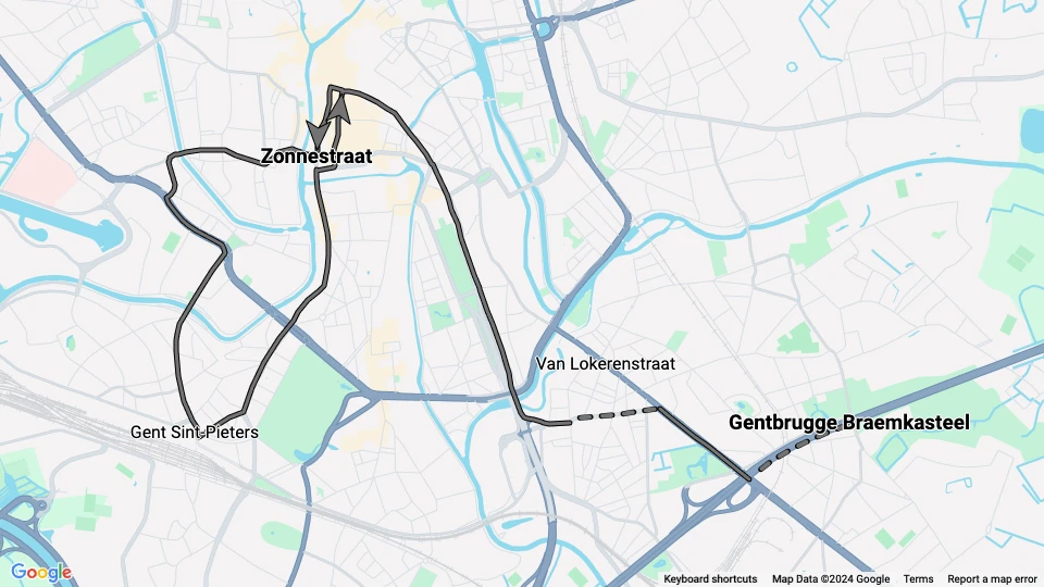 Gent sporvognslinje 22: Zonnestraat - Gentbrugge Braemkasteel linjekort