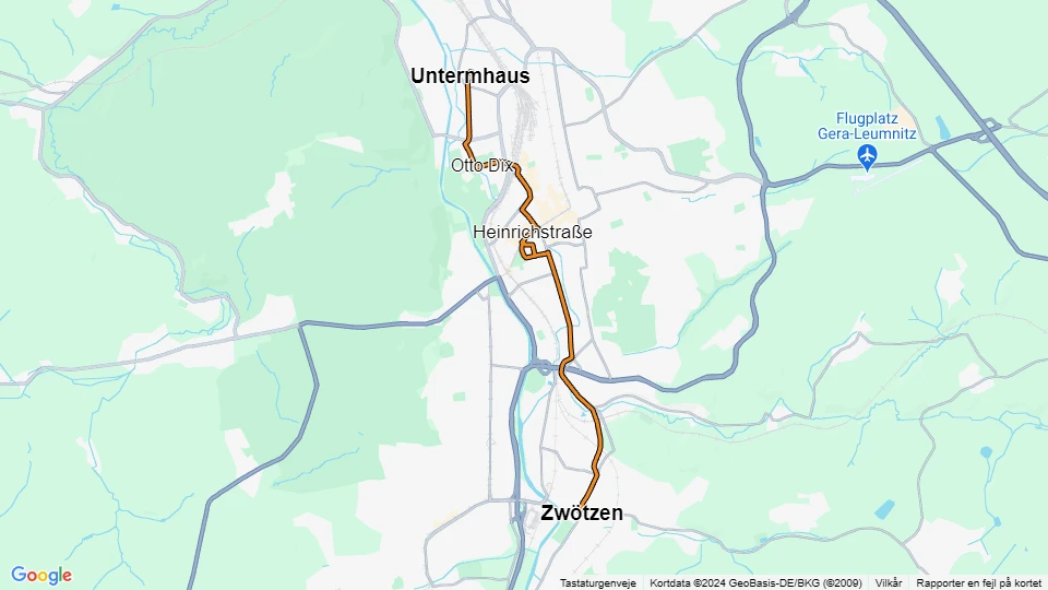 Gera sporvognslinje 1: Zwötzen - Untermhaus linjekort