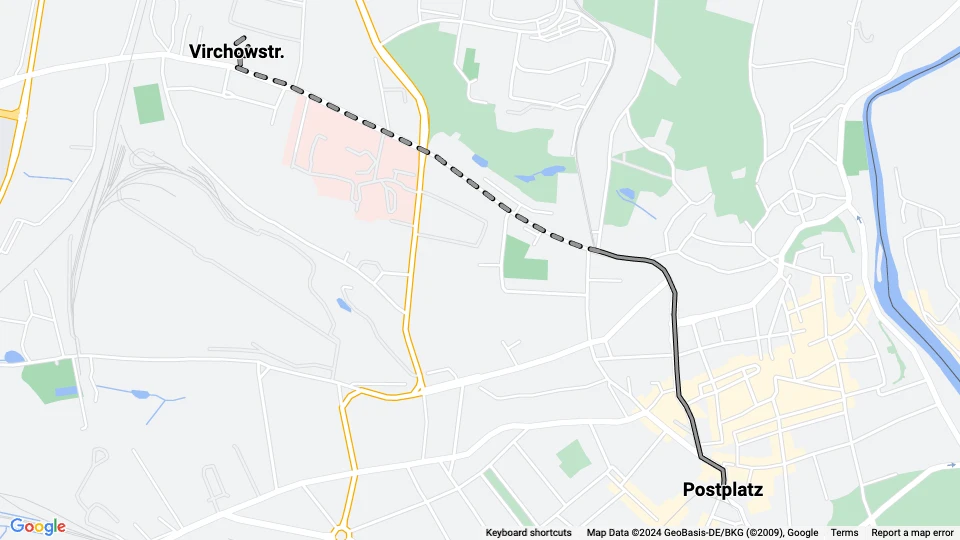 Görlitz sporvognslinje 1: Postplatz - Virchowstr. linjekort