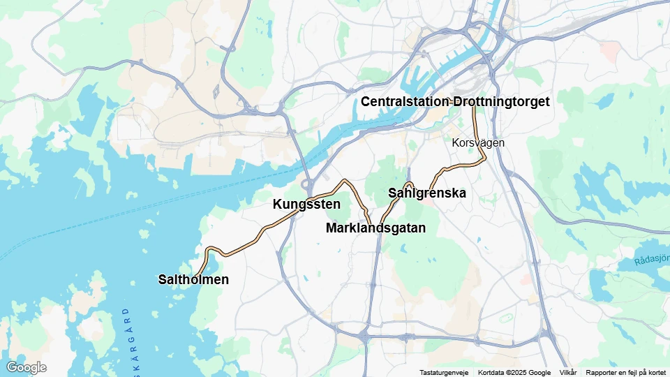 Gøteborg ekstralinje 13: Saltholmen - Centralstation Drottningtorget linjekort