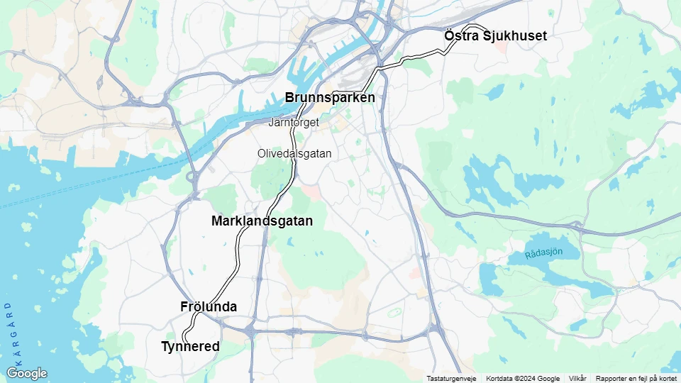 Gøteborg sporvognslinje 1: Östra Sjukhuset - Tynnered linjekort