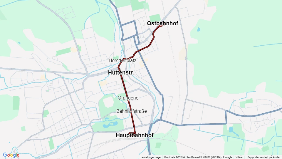 Gotha sporvognslinje 2: Hauptbahnhof - Ostbahnhof linjekort