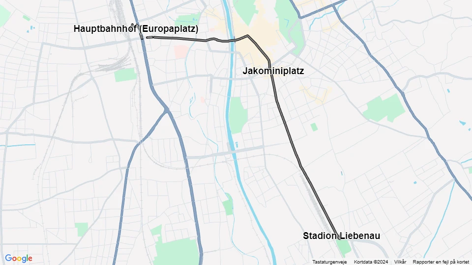 Graz ekstralinje 14: Hauptbahnhof (Europaplatz) - Stadion Liebenau linjekort