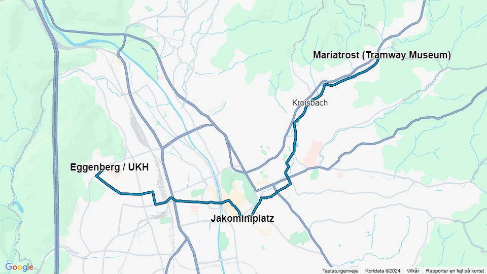 Graz sporvognslinje 1: Mariatrost (Tramway Museum) - Eggenberg / UKH linjekort