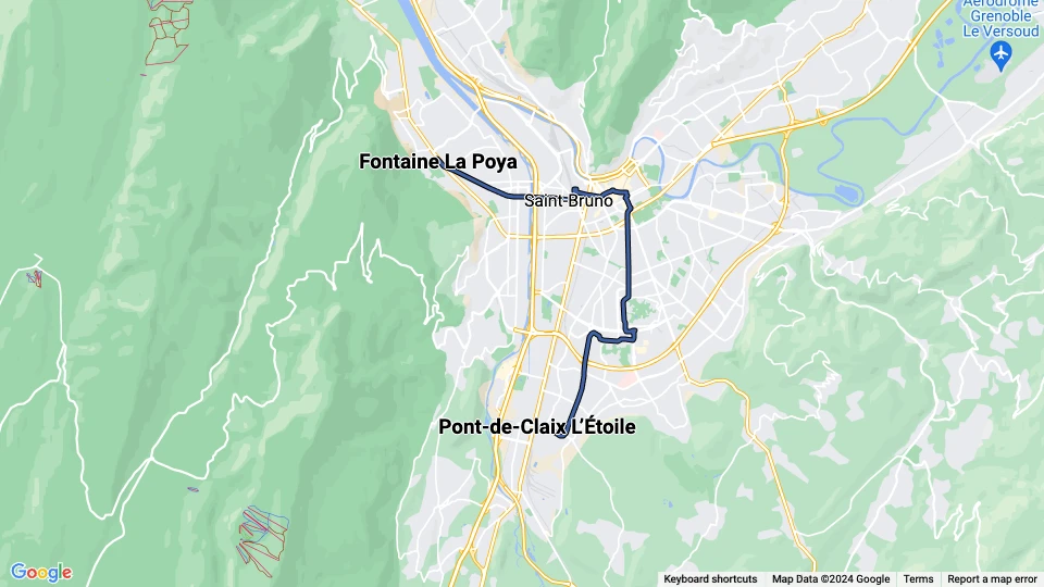 Grenoble sporvognslinje A: Fontaine La Poya - Pont-de-Claix L'Étoile linjekort