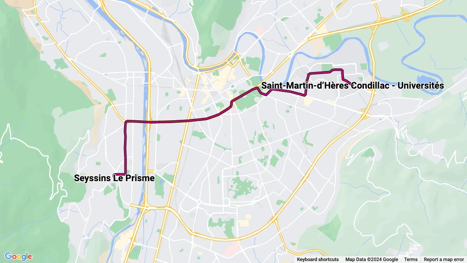 Grenoble sporvognslinje C: Seyssins Le Prisme - Saint-Martin-d'Hères Condillac - Universités linjekort