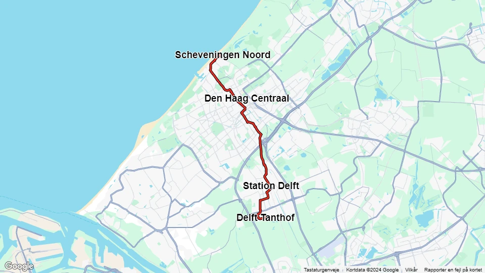 Haag sporvognslinje 1: Scheveningen Noord - Delft Tanthof linjekort