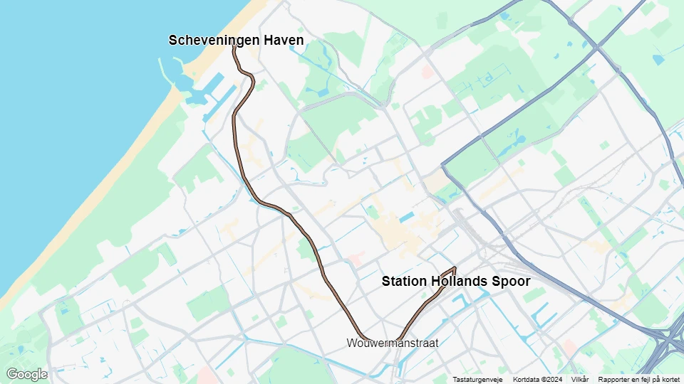 Haag sporvognslinje 11: Scheveningen Haven - Station Hollands Spoor linjekort