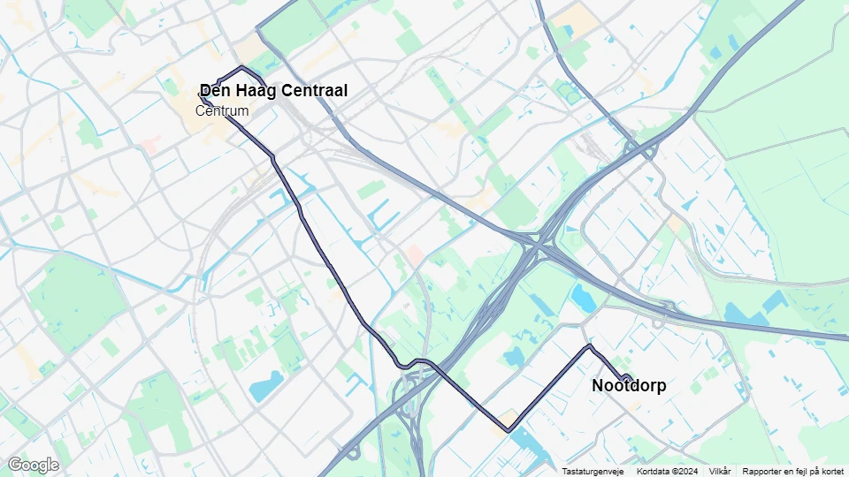 Haag sporvognslinje 15: Nootdorp - Den Haag Centraal linjekort