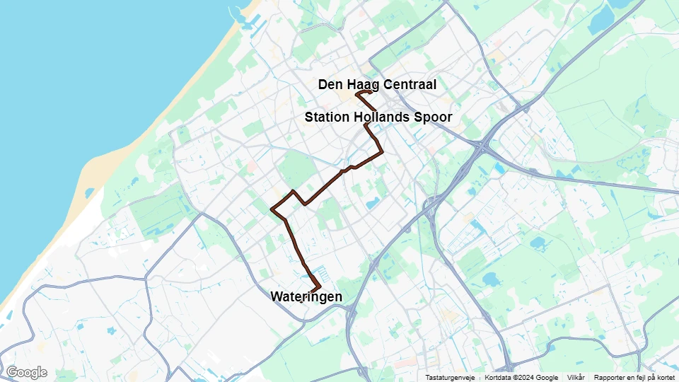 Haag sporvognslinje 16: Den Haag Centraal - Wateringen linjekort