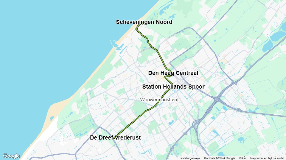 Haag sporvognslinje 9: De Dreef Vrederust - Scheveningen Noord linjekort