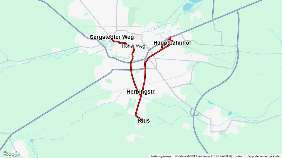 Halberstadt sporvognslinje 2: Hauptbahnhof - Sargstedter Weg linjekort