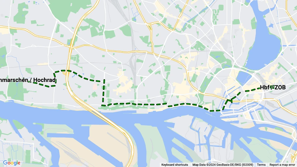 Hamborg sporvognslinje 7: Hbf / ZOB - Othmarschen / Hochrad linjekort