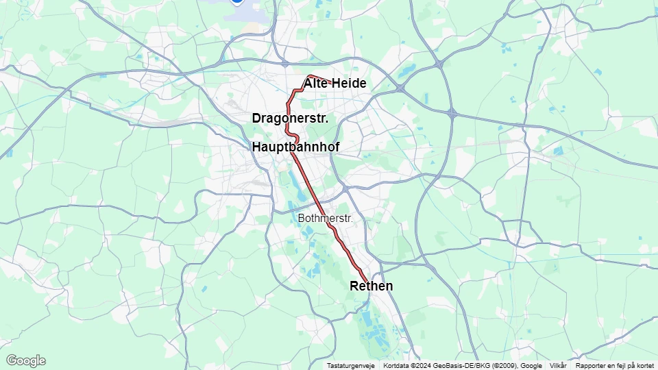 Hannover sporvognslinje 2: Alte Heide - Rethen Steinfeld linjekort