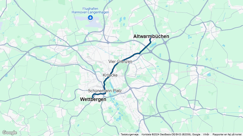 Hannover sporvognslinje 3: Altwarmbüchen - Wettbergen linjekort