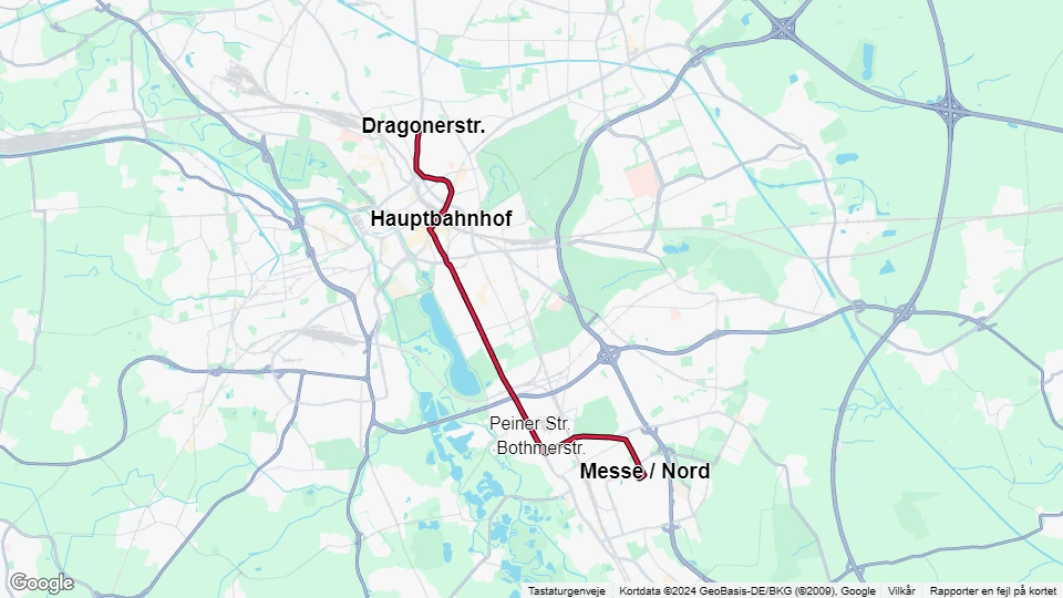 Hannover sporvognslinje 8: Dragonerstr. - Messe / Nord linjekort