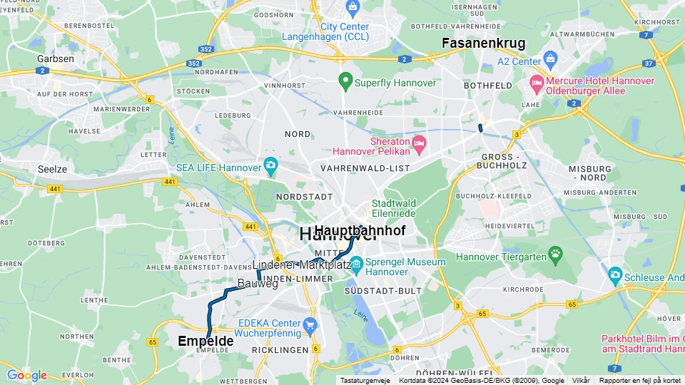 Hannover sporvognslinje 9: Fasanenkrug - Hauptbahnhof linjekort