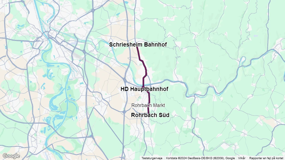 Heidelberg sporvognslinje 24: Schriesheim Bahnhof - Rohrbach Süd linjekort