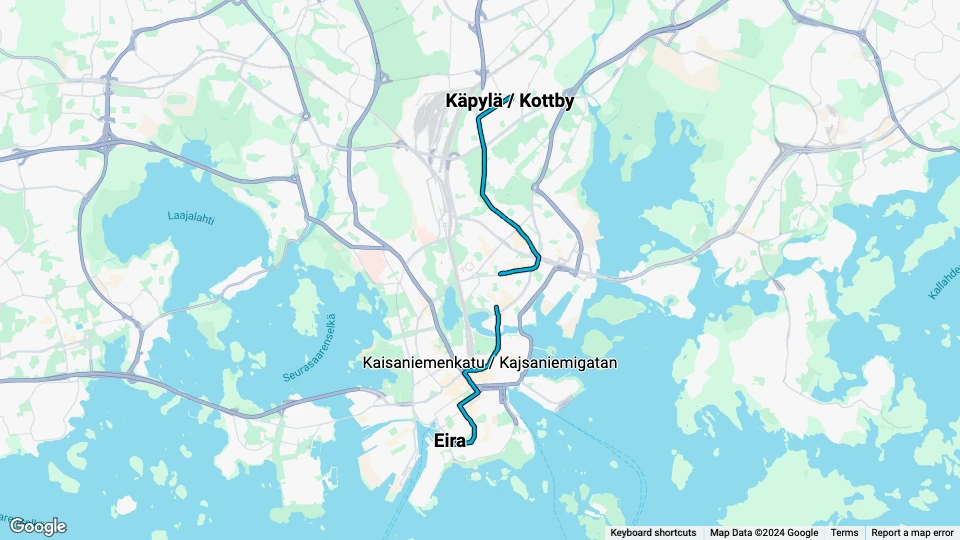 Helsingfors ekstralinje 1: Eira - Käpylä / Kottby linjekort