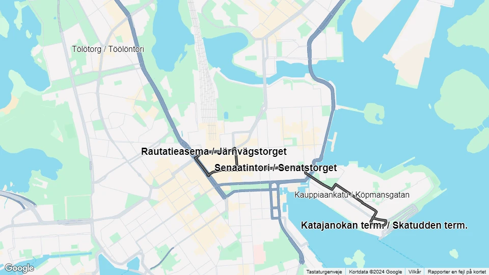 Helsingfors ekstralinje 5: Rautatieasema / Järnvägstorget - Katajanokan term. / Skatudden term. linjekort