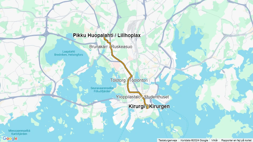 Helsingfors sporvognslinje 10: Kirurgi / Kirurgen - Pikku Huopalahti / Lillhoplax linjekort