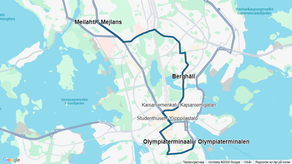 Helsingfors sporvognslinje 3: Olympiaterminaali / Olympiaterminalen - Meilahti / Mejlans linjekort