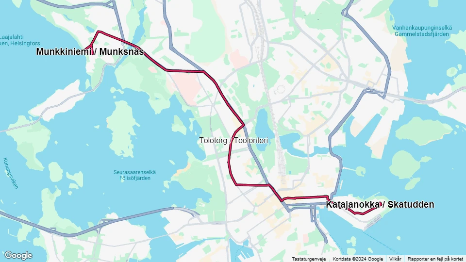 Helsingfors sporvognslinje 4: Katajanokka / Skatudden - Munkkiniemi / Munksnäs linjekort