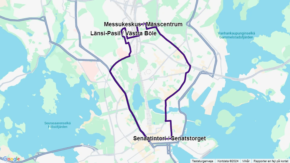 Helsingfors sporvognslinje 7B: Länsi-Pasil / Västra Böle - Senaatintori / Senatstorget linjekort