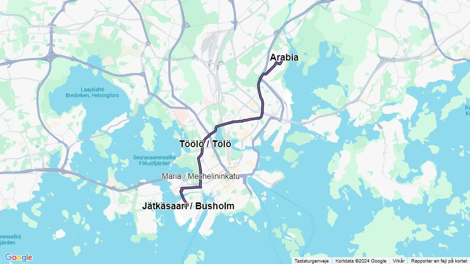 Helsingfors sporvognslinje 8: Arabia - Jätkäsaari / Busholm linjekort