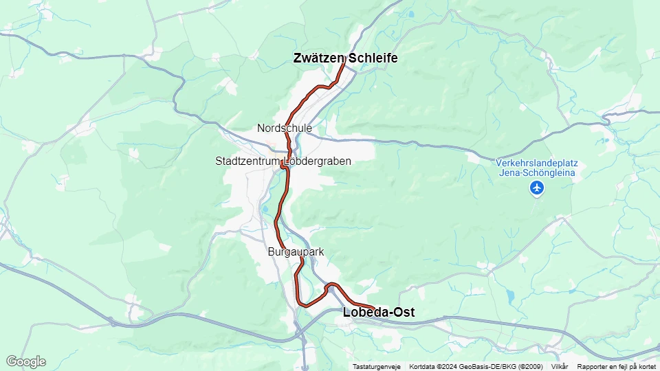 Jena sporvognslinje 1: Lobeda-Ost - Zwätzen Schleife linjekort