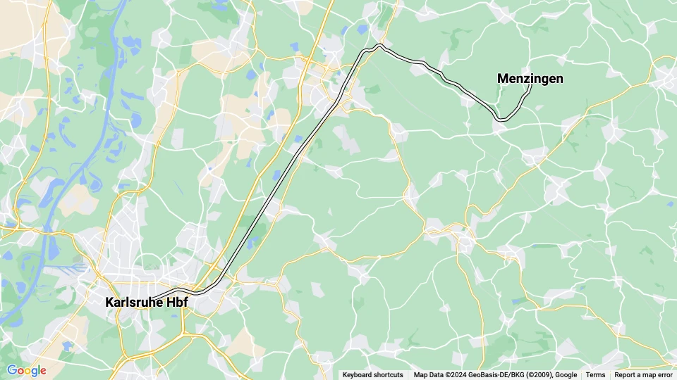 Karlsruhe regionallinje S32: Karlsruhe Hbf - Menzingen linjekort